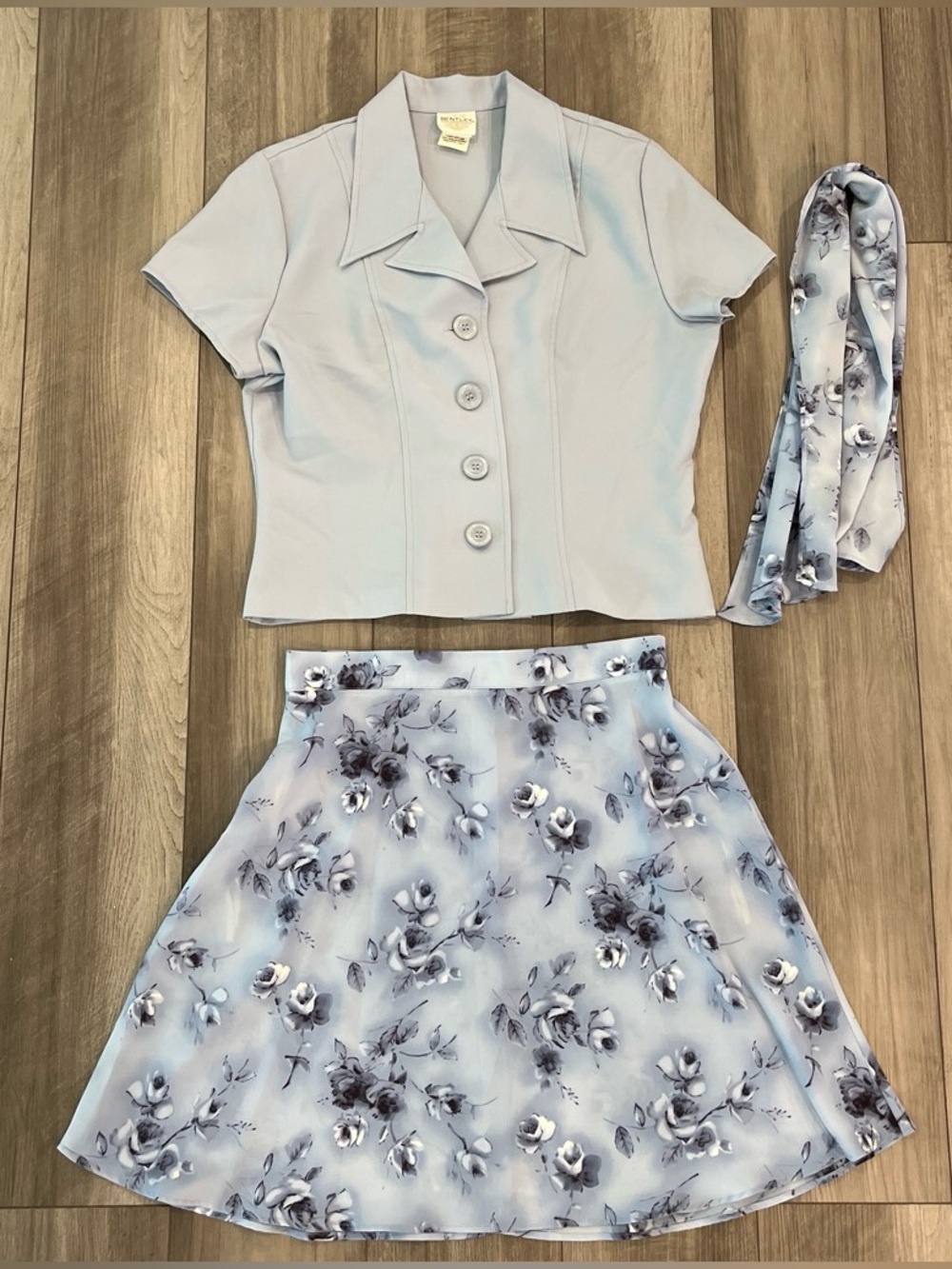 Light Blue Floral Skirt Set with Short Sleeve Top and Scarf